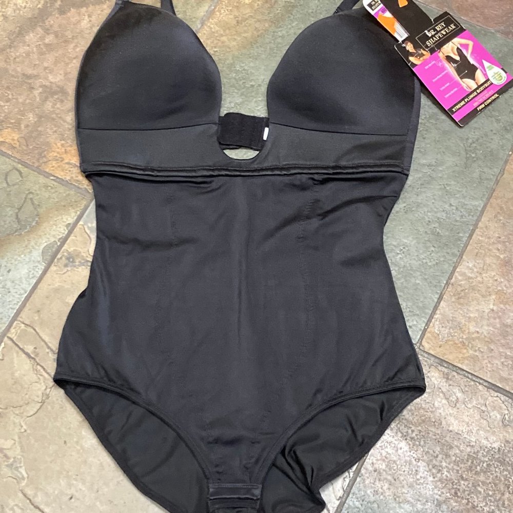 922 Dr. Rey 40DD BLACK  Xtreme Plunge Shaping SATIN Control Bodysuit #48195 NWT